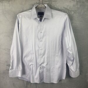 David Donahue Trim Fit Dress Shirt 17 34/35 Blue White Dot Cotton